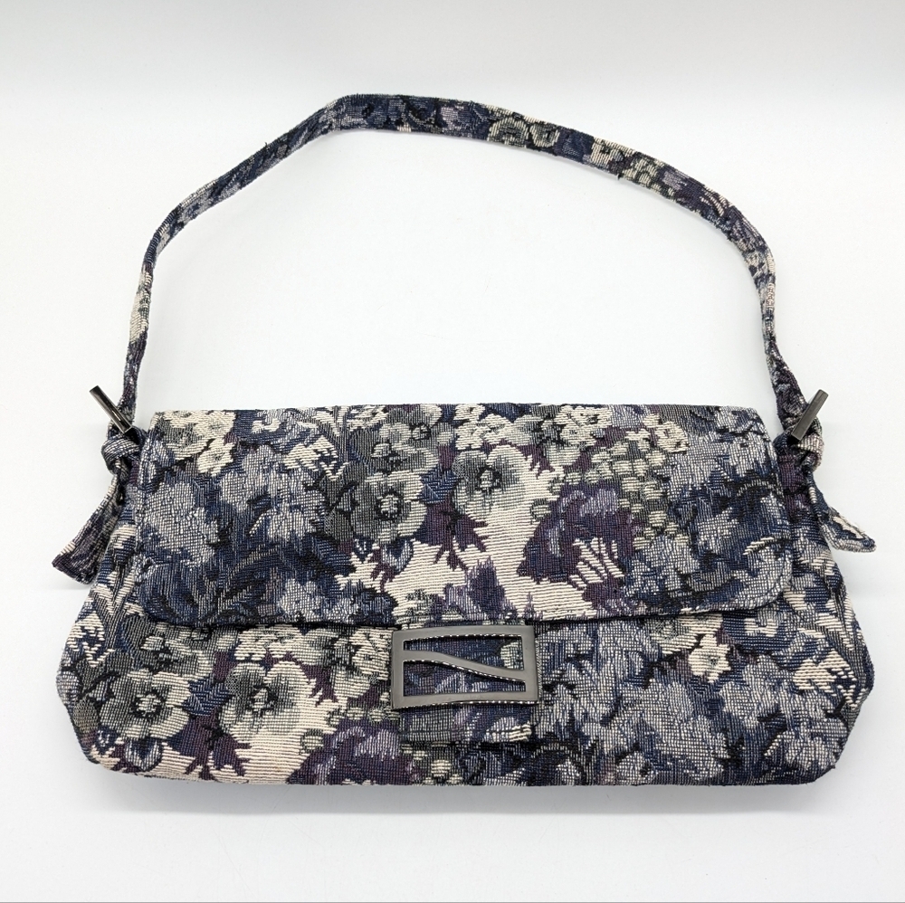 Vintage Off White Purple Green Floral Woven Tapestry Shoulder Bag